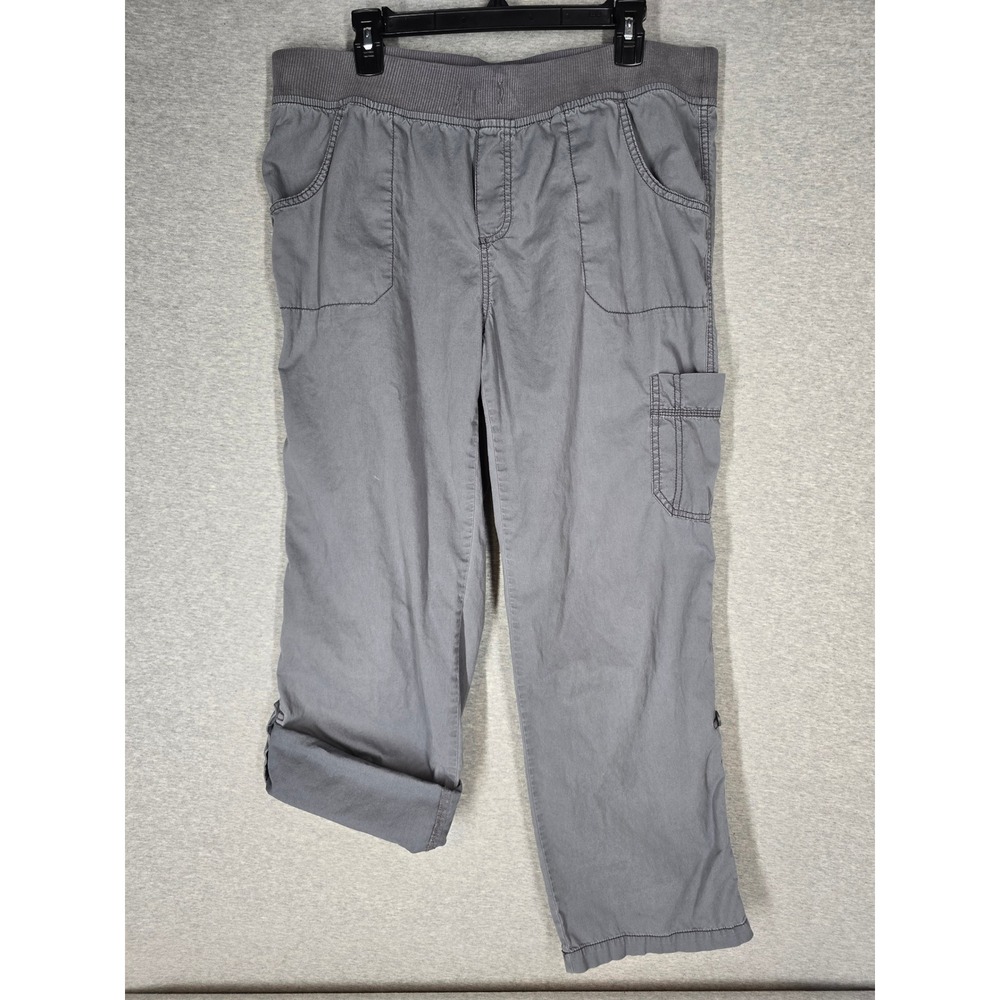Faded Glory Womens 16W Gray Cargo Capri Pants Knit Waist Roll Tab Leg Flaws